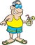 Cartoon man wearing a swimsuit and holding a drink.