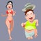 Cartoon man and woman in a bathing suit running in fear