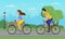 Cartoon Man and Woman Cycling in Urban City Park
