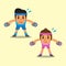 Cartoon man and woman doing dumbbell bent over lateral raise exercise