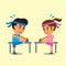 Cartoon man and woman doing hamstring stretch exercise