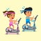 Cartoon a man and a woman exercising on elliptical machines
