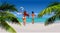 Cartoon man and woman happily running on tropical beach