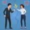 Cartoon Man and woman quarreling. Angry office people quarrel vector flat illustration.