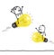 Cartoon Man and Woman Riding on Light Bulbs Rockets