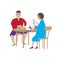 Cartoon man and woman are sitting at table in cafe. Guy with cup of coffee. Lady with glass of soda and smartphone