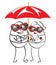 Cartoon man and woman standing with umbrella