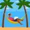 Cartoon man working with laptop in hammock in tropical scene. Concept of remote job, freelance work.