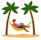 Cartoon man working with laptop in hammock in tropical scene. Palm trees. Concept of remote job, freelance work.