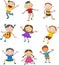 Cartoon many kids jumping together and happy