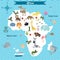 Cartoon map of Africa continent with different animals.