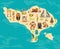 Cartoon map of Bali for kid and children. Bali landmarks vector cute poster