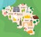 Cartoon map of Belgium. Travel illustration with landmarks, buildings, food and plants. Funny tourist infographics. National