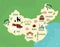 Cartoon map of China. Travel illustration with chineese landmarks, buildings, food and plants. Funny tourist