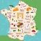 Cartoon map of France. Travel illustration with landmarks, buildings, food and plants. Funny tourist infographics