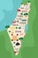 Cartoon map of Israel. Travel illustration with Jewish landmarks, buildings, food and plants. Funny tourist infographics. National