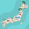 Cartoon map of Japan. Travel illustration with  landmarks, buildings, food and plants. Funny tourist infographics. National