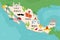Cartoon map of Mexico. Travel illustration with maracas, sombrero, pyramid landmarks, buildings, food and plants. Funny tourist