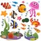Cartoon marine inhabitants of the underwater world. Coral reef with little fishes, jellyfish, crab and sea star. Colorful vector