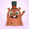 Cartoon marmot or chipmunk in major hat. Vector illustration. Groundhog day. Party invitation.