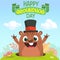 Cartoon marmot groundhog in major hat. Vector illustration. Groundhog day. Party invitation poster or postcard with lettering