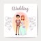 Cartoon married or engaged couple bride and groom wedding vector card