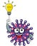 Cartoon mascot character virus or bacterium coming up with an idea innovation lightbulb concept isolated vector illustration
