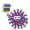 Cartoon mascot character virus or bacterium holding pile of books education science isolated vector illustration