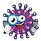 Cartoon mascot character virus or bacterium investigating magnifying glass lens isolated vector illustration