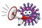 Cartoon mascot character virus or bacterium megaphone announcement speaking isolated vector illustration