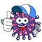 Cartoon mascot character virus or bacterium wearing cap thumb up positive approving concept solated vector illustration