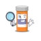 Cartoon mascot design of pills drug bottle super Detective breaking the case using tools