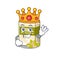 A cartoon mascot design of pistachio milk performed as a King on the stage