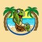 Cartoon mascot funny turtle resting on the beach.