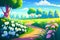 Cartoon meadow spring country lane landscape background