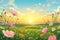 Cartoon meadow spring country meadow landscape background of a springtime green pasture field with a blue summer sky and fluffy