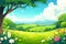 Cartoon meadow spring country meadow landscape background of a springtime green pasture field with a blue summer sky and fluffy