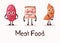 Cartoon meat food characters with smiley faces