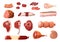 Cartoon meat products. Butchery assortment. Chicken gammon. Pork or beef steaks. Chops for barbecue. Sausage slices