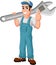 Cartoon mechanic cartoon holding a huge wrench