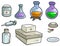 Cartoon medicine flask pills and syringe