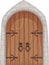 Cartoon medieval castle entrance gates and dungeon door. Old wooden doors with stone surround, ancient castles doorway