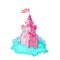 Cartoon medieval fun pink castle with flag and cian grass. Magic cartoon castle for princess from fairy tale icon. Funny