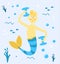 Cartoon mermaid guy playing sports underwater. A man with a tail, dumbbells, bubbles and algae. Vector illustration of a