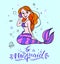 Cartoon mermaid with little fishes illustration for kids fashion artworks, children books, greeting cards, t-shirts
