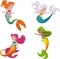 Cartoon mermaid princess with colorful hair. Mermaid children swimming.