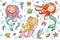 Cartoon mermaid and sea life set, vector