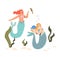 Cartoon mermaids, water nymphs with fish tails underwater holding sea horse and fish