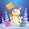 Cartoon Merry Christmas poster. Laughing snowman in Santa hat and scarf with gift boxes in forest.