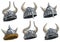 Cartoon metal viking helmet with horns vector set